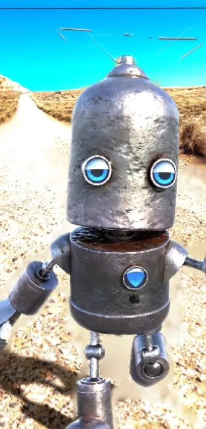 Retro robot in a bright blue sky desert landscape on a sandy road.