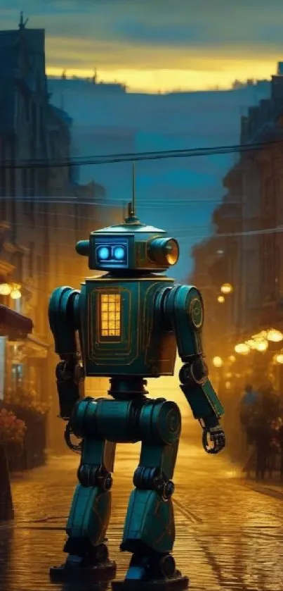 A nostalgic retro robot stands in a warmly lit evening street scene.