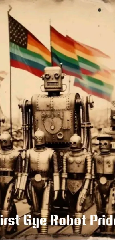 Retro robot parade with pride flags in sepia tone.