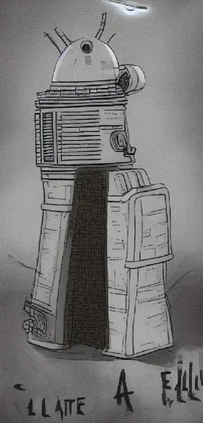 Sketch of a retro robot with a vintage aesthetic on a gray background.