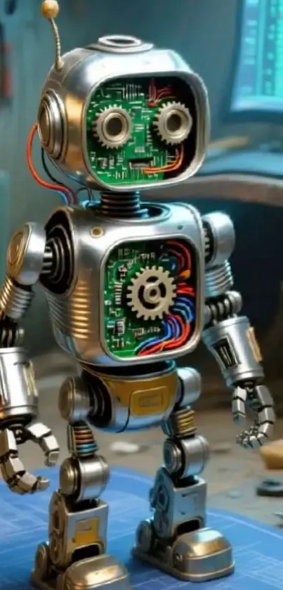 Retro robot with exposed mechanical gears on a desk.