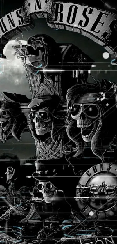 Dark rock themed wallpaper with iconic band symbols and skulls.