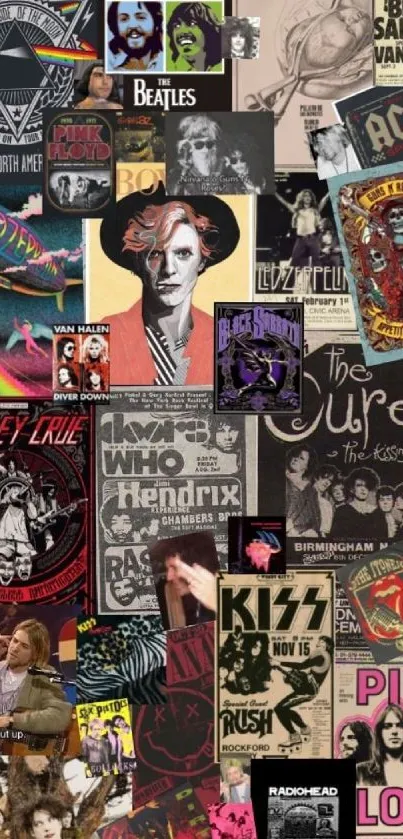 Collage of iconic rock band posters in a retro style for a mobile wallpaper.