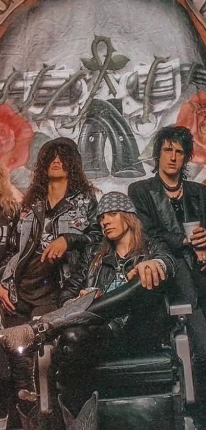 Vintage rock band posing in front of artistic mural.