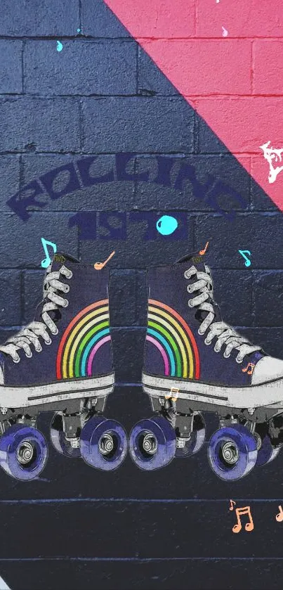 Retro roller skate artistic wallpaper with graffiti on a dark brick wall.
