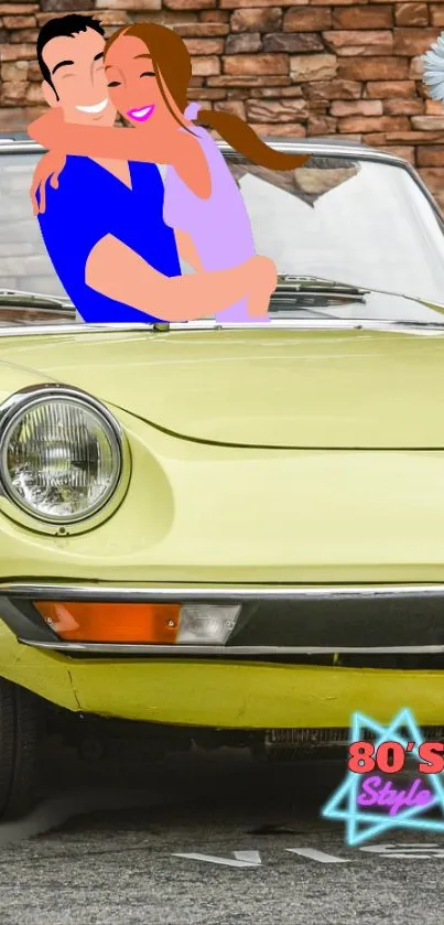 A joyful couple on a vintage car in 80's style.