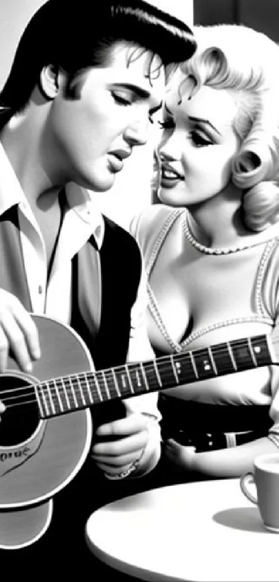 Black and white retro couple with guitar wallpaper.