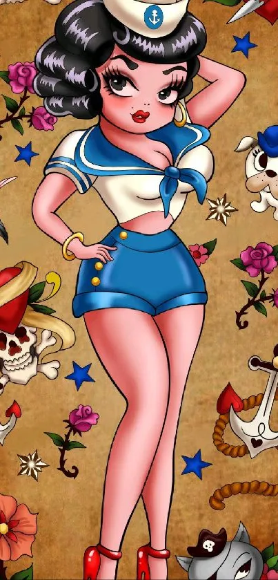 Retro sailor girl wallpaper with tattoo design elements.