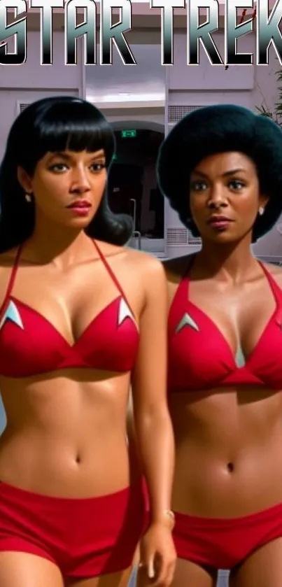 Star Trek vintage style wallpaper with red bikinis in a sci-fi setting.