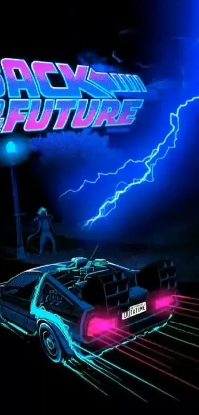 Retro futuristic car in neon light, Back to the Future style wallpaper.