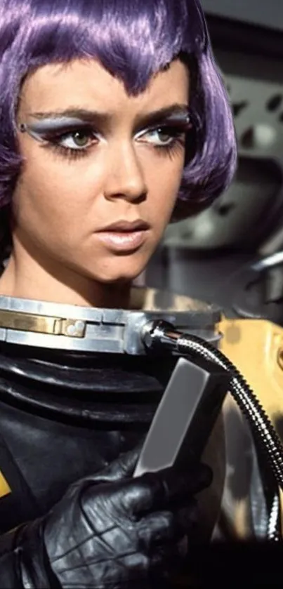 Purple-haired character in space suit with retro sci-fi design.