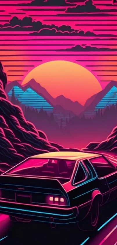 Retro car driving into neon sunset landscape with vivid colors.