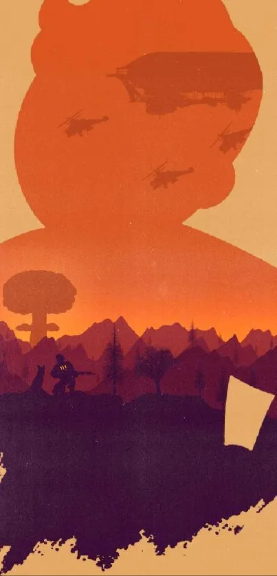 Retro silhouette wallpaper with orange sunset and silhouette elements.