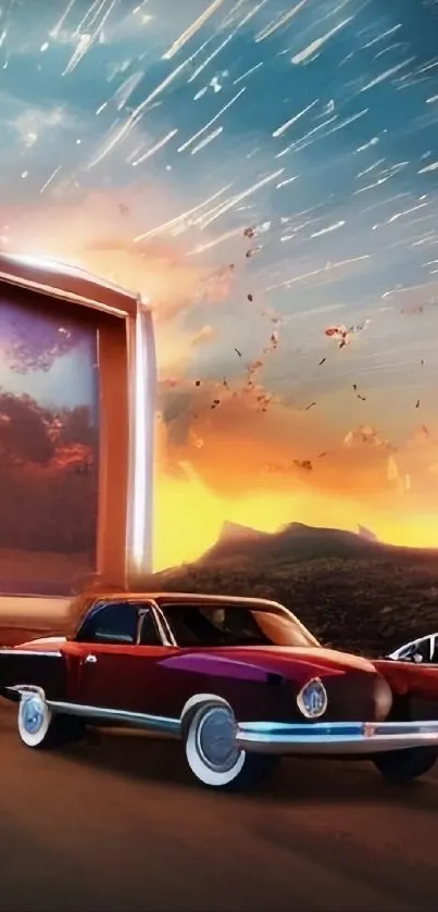 Retro drive-in with vintage cars under a sunset sky.