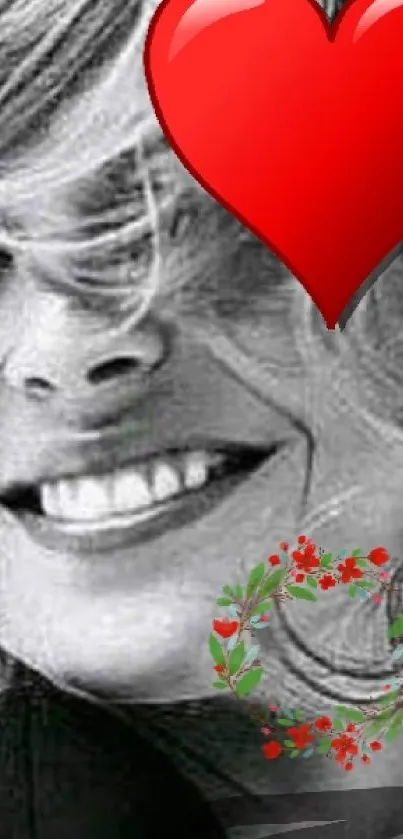 Smiling woman with red heart overlay on black and white wallpaper.