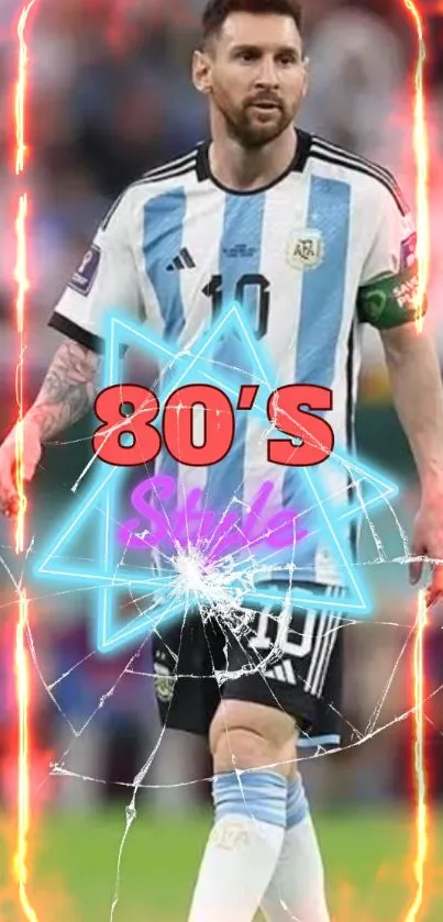 80s style soccer wallpaper with neon design and sports imagery.