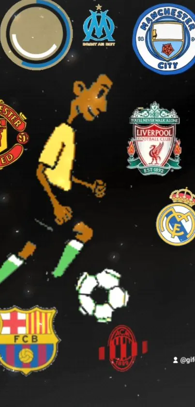 Pixel art soccer player with club logos on dark background.