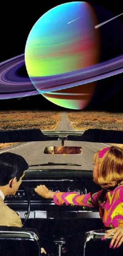 Retro surreal wallpaper with colorful planet and vintage car.