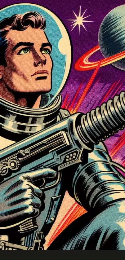 Retro astronaut with raygun in vibrant space scene.