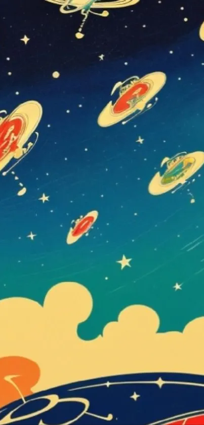 Retro space adventure wallpaper with vibrant spaceships and stars.