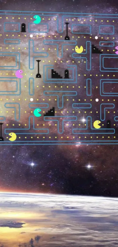 Retro arcade space-themed wallpaper with a cosmic galaxy maze.