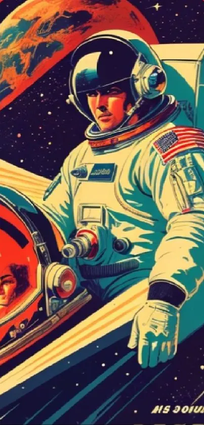Vintage astronaut artwork with Earth in the background, vibrant retro colors.