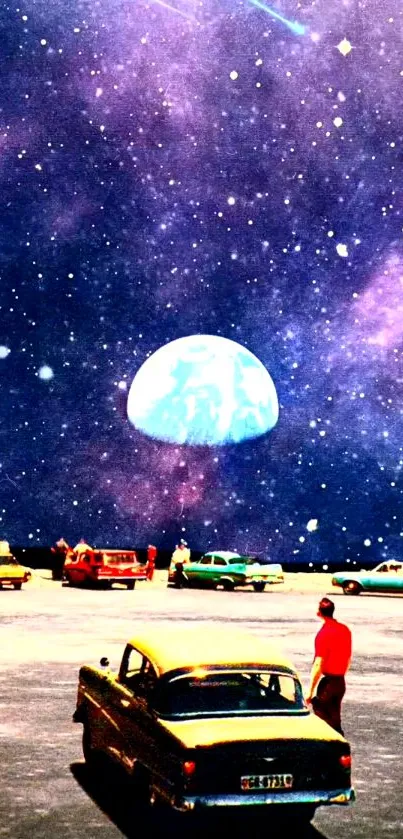 Retro cars under a starry galaxy with a celestial view.