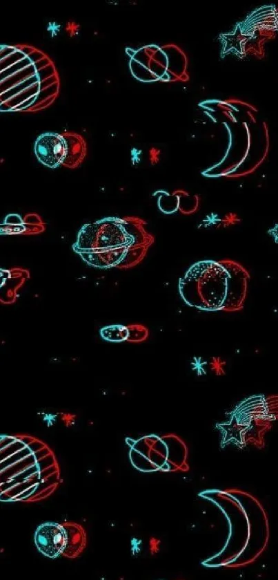 Retro space-themed neon wallpaper with planets and stars.