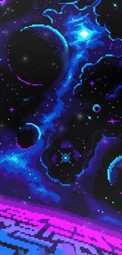 Pixel art wallpaper with neon blue and purple space scene.