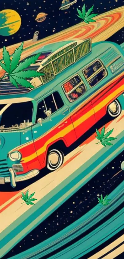 Retro van in space with vibrant colors and planets.