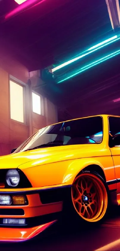 Vibrant retro sports car in neon-lit garage wallpaper.