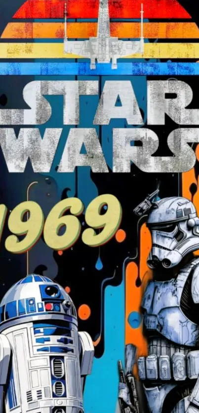 Retro styled Star Wars 1969 artwork with vibrant colors and iconic characters.