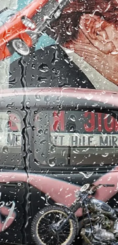 Street art with retro cars and mural on city wall.