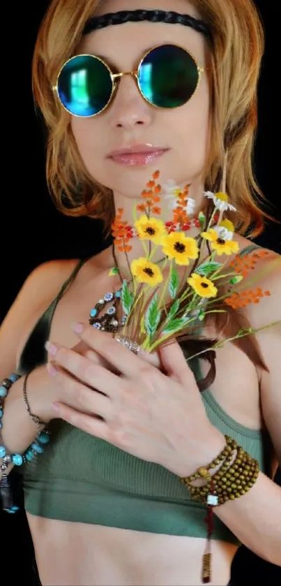 Person with sunglasses holds colorful flowers, black background.