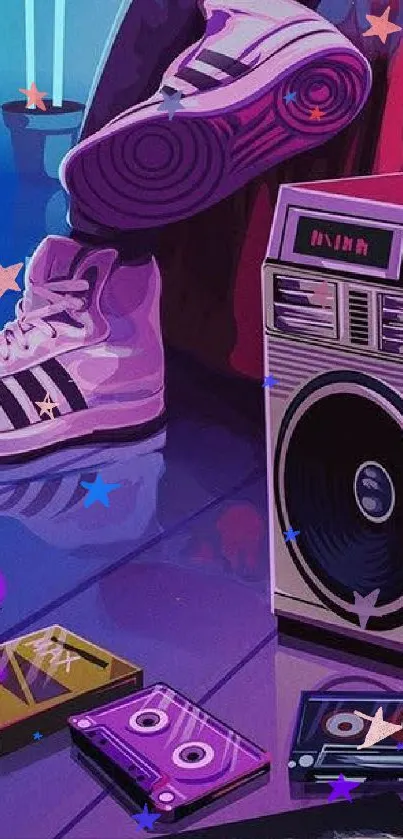 A retro-themed wallpaper with sneakers, a boombox, and colorful neon elements.