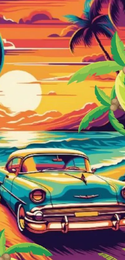 Retro car by a tropical beach with a vibrant sunset and palm trees.