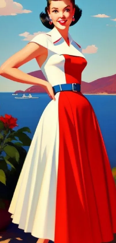 Retro summer fashion wallpaper with woman in red and white dress by the sea.