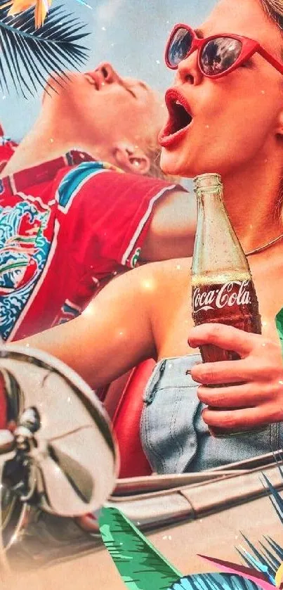 Two friends on a vibrant summer road trip with a Coca-Cola bottle.