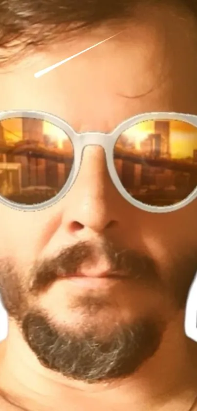 Reflection of a cityscape in retro sunglasses on a bearded man.