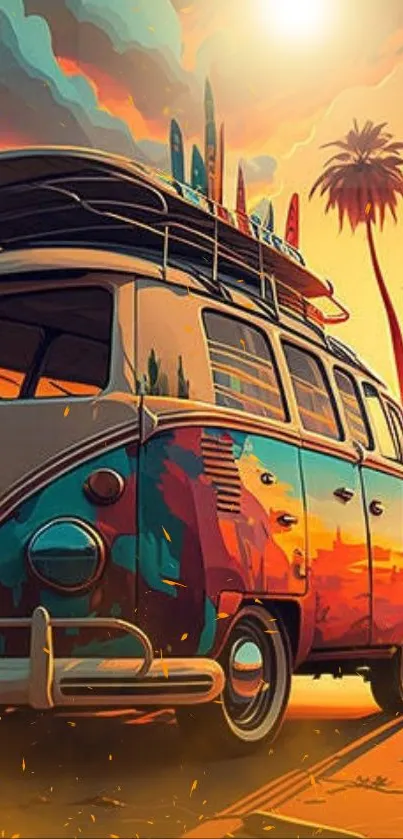 Vibrant vintage van at sunset with surfboards and palm trees by the beach.