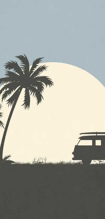 Retro beach scene with palm trees and camper van at sunset.