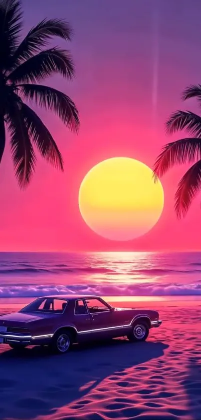 Retro car with palm trees and vibrant sunset on a beach.