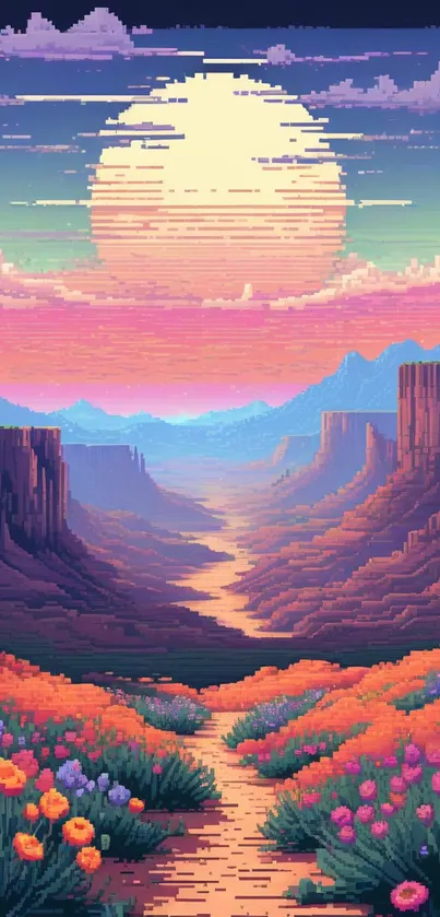 Retro pixel art sunset over canyon with vibrant colors.