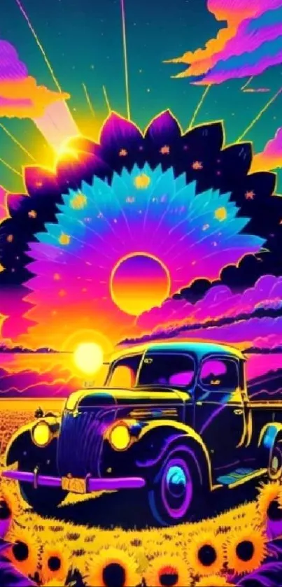 Vintage car at psychedelic sunset with sunflowers.