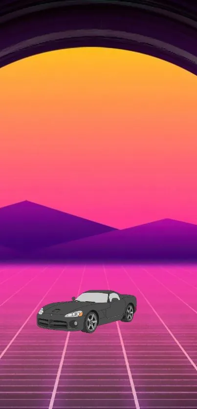 Retro futuristic car with neon sunset background