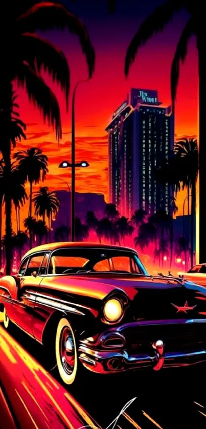 Retro sunset drive with classic car, palm trees, and vibrant cityscape.