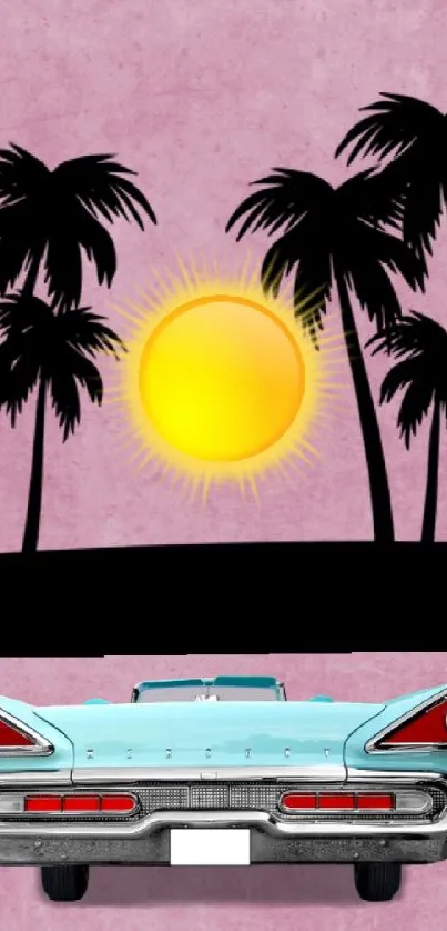 Retro wallpaper with car, sunset, and palm trees on pink background.