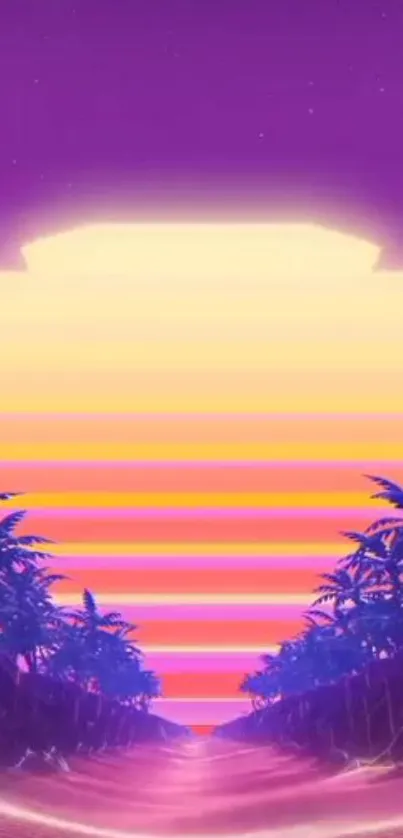 Vibrant retro sunset wallpaper with neon palm trees under a purple gradient sky.