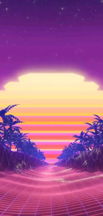 Neon sunset wallpaper with tropical silhouette.