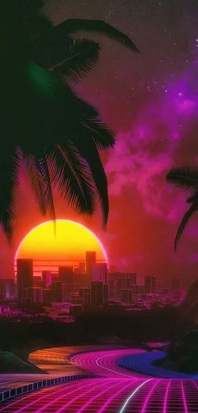 Neon retro sunset with palm trees and city skyline.